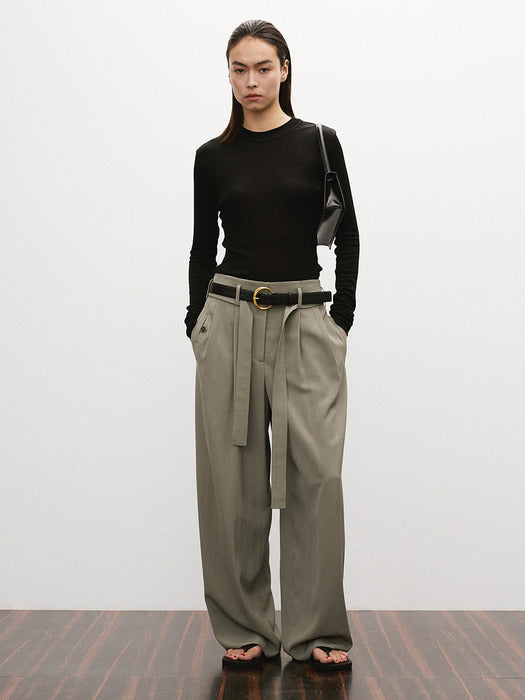 [recto] BELT DETAIL HIGH WAIST PANTS (DARK KHAKI)