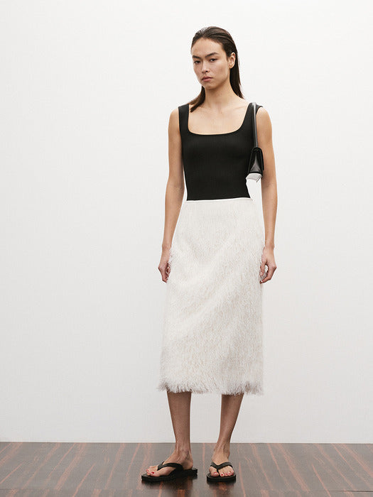 Recto Fringe Effect H-Line Skirt (Ivory)