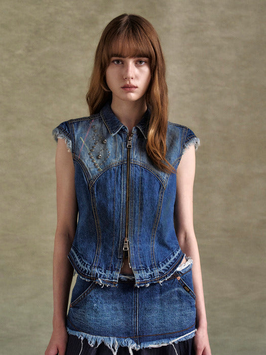 [andersson bell] DUSTY DENIM RIVETED CAP SLEEVE VEST atb1300w(BLUE)