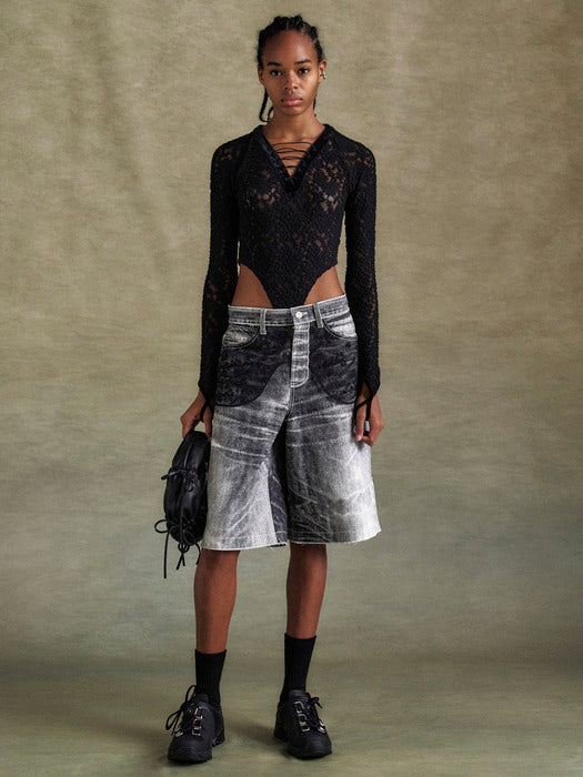 [andersson bell] LACE PANELED WHITE DENIM SHORTS apa794w(WHITE)