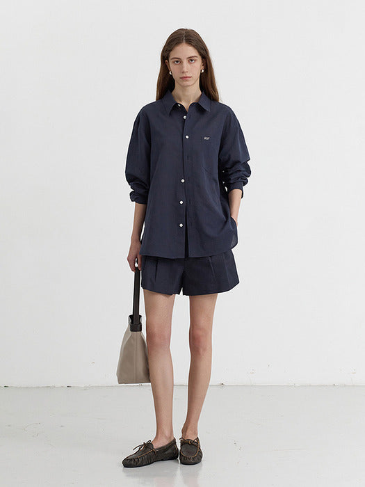 [dunst] DOUBLE PLEATED COTTON-LINEN SHORTS NAVY_UDPA5B231N2