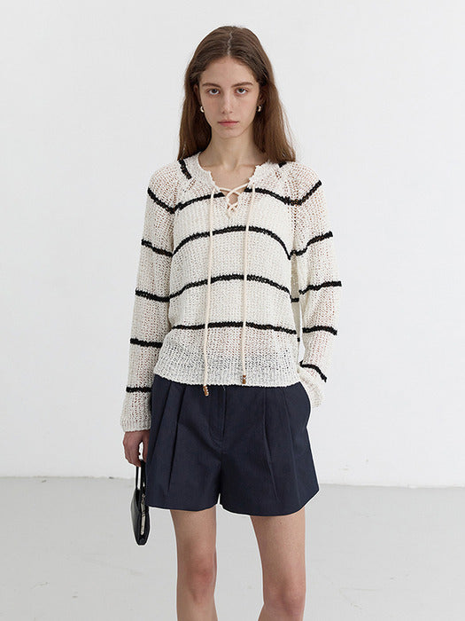 [dunst] DOUBLE PLEATED COTTON-LINEN SHORTS NAVY_UDPA5B231N2