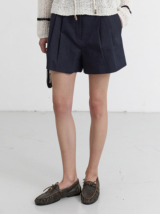 Dunst Double Pleated Cotton-Linen Shorts Navy