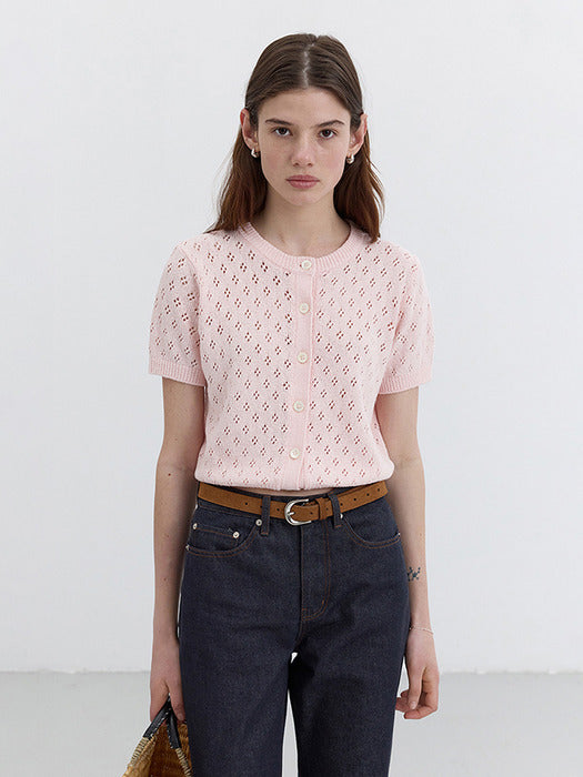 Dunst Crochet Crewneck Cardigan Soft Pink