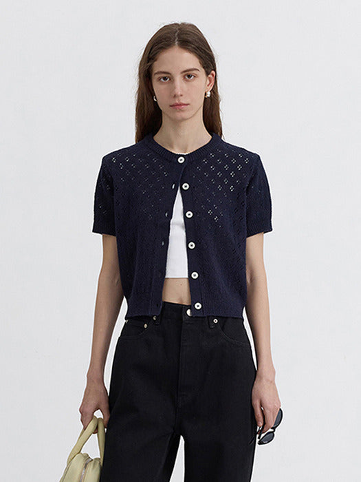 [dunst] CROCHET CREWNECK CARDIGAN NAVY_UDSW5B222N2