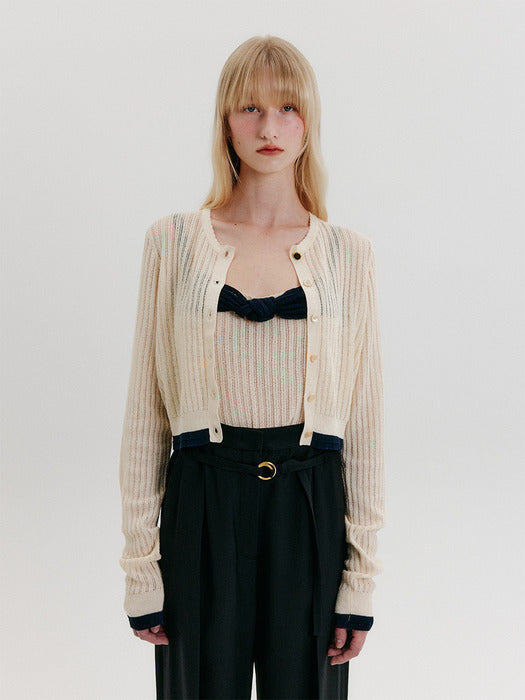 [EENK] Contrast Knit Cardigan - Ivory