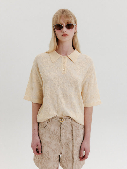 Eenk Jacquard Polo Knit Top - Cream