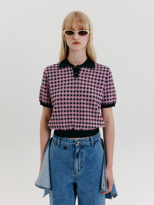 Eenk Check Knit Half Sleeve Top - Navy/Pink