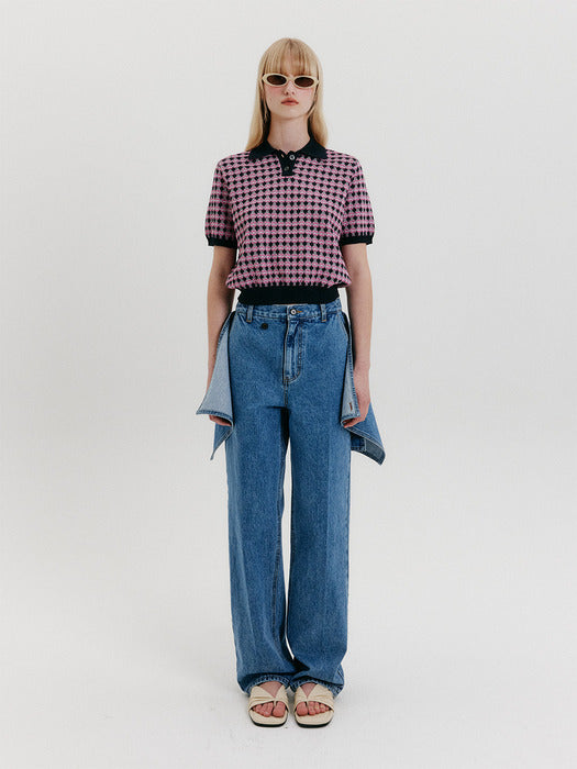 Eenk Check Knit Half Sleeve Top - Navy/Pink
