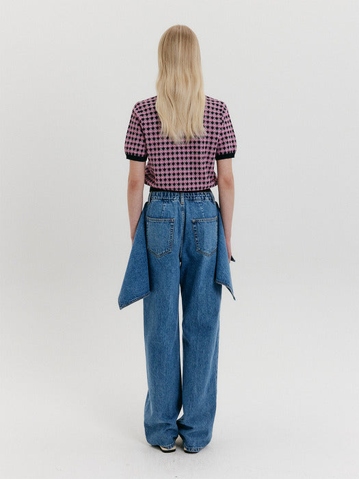 Eenk Check Knit Half Sleeve Top - Navy/Pink