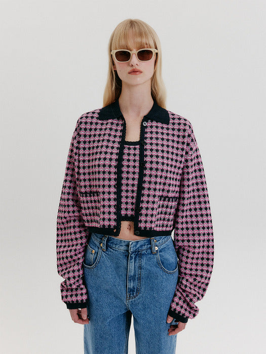 Eenk Check Knit Cardigan - Navy/Pink