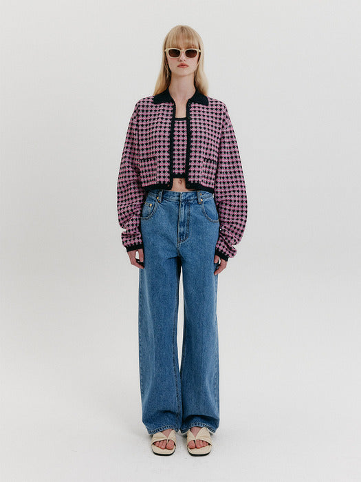 Eenk Check Knit Cardigan - Navy/Pink