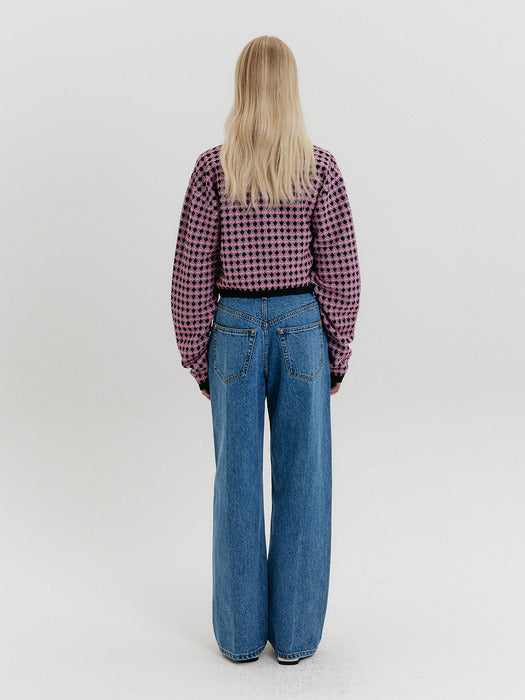 Eenk Check Knit Cardigan - Navy/Pink