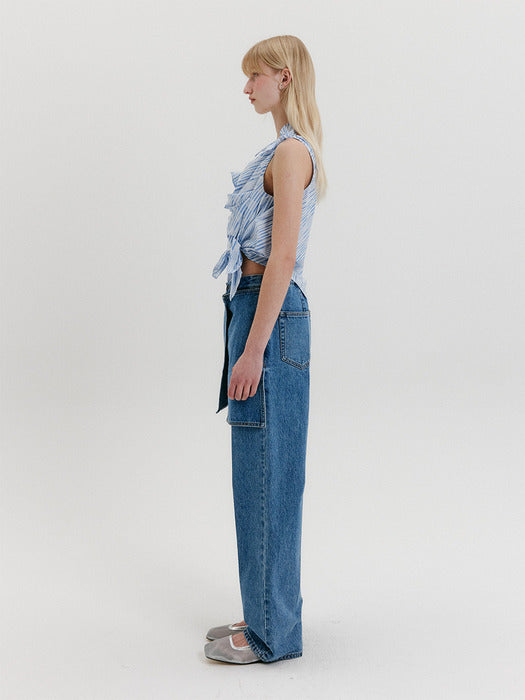 Eenk Wrap Straight Denim Pants - Light Blue