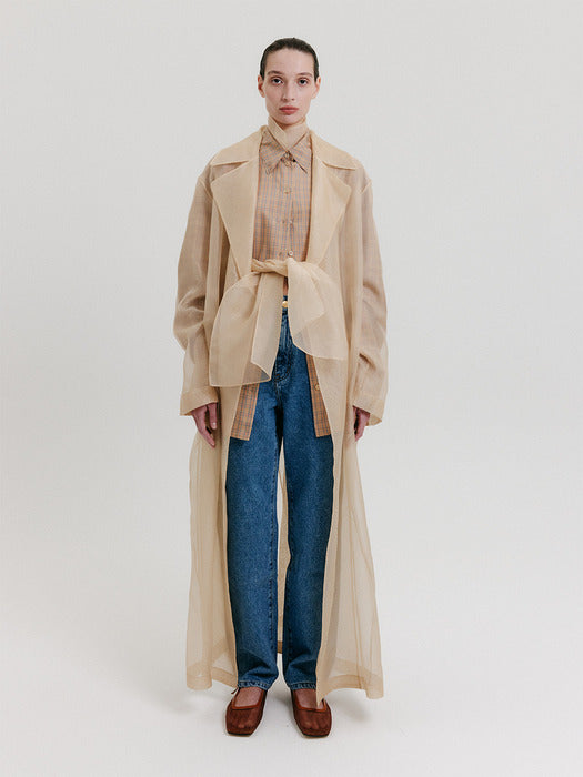 Eenk Organza Tied Long Coat - Beige