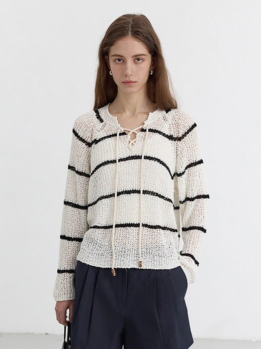 [dunst] CROCHET EDGE TRIM KNIT IVORYBLACK STRIPE_UDSW5B226IV