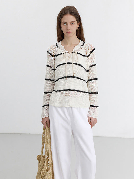 [dunst] CROCHET EDGE TRIM KNIT IVORYBLACK STRIPE_UDSW5B226IV