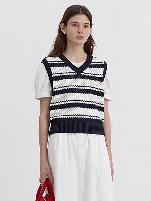 Dunst Unisex Crochet Striped Knit Vest Off White Navy Stripe