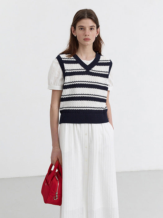 Dunst Unisex Crochet Striped Knit Vest Off White Navy Stripe