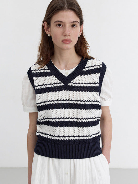 Dunst Unisex Crochet Striped Knit Vest Off White Navy Stripe