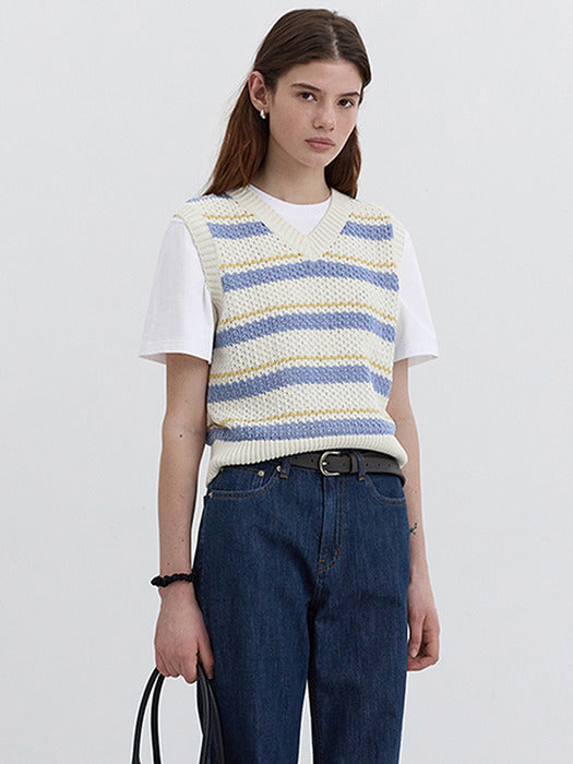 Dunst Unisex Crochet Striped Knit Vest Lemon Sky Blue Stripe
