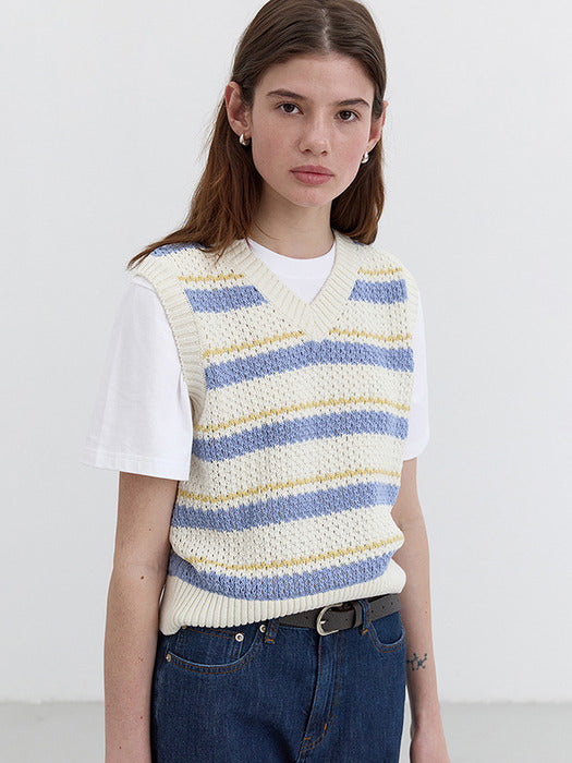 Dunst Unisex Crochet Striped Knit Vest Lemon Sky Blue Stripe