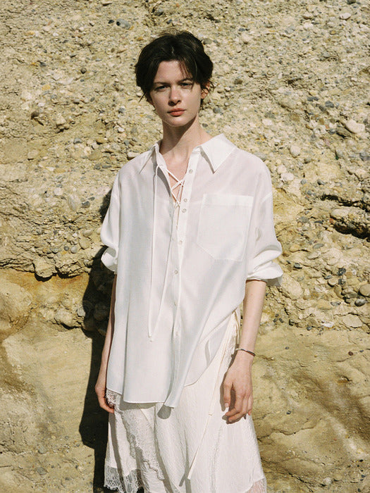 [loeuvre] See-through Oversized Lace-up Shirt SW5MB281_3color