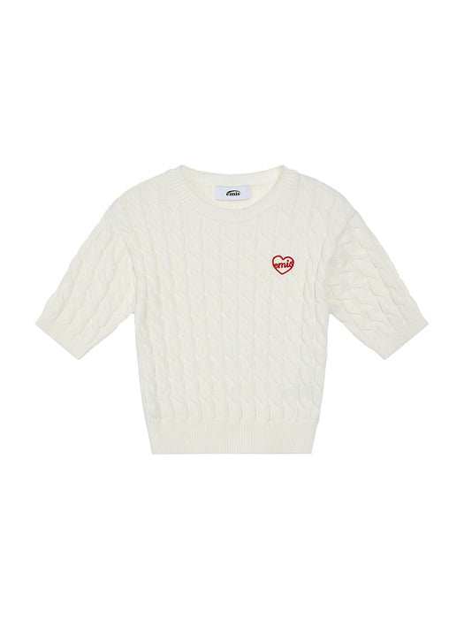 Emis Heart Cable Cropped Knit Top-Ivory