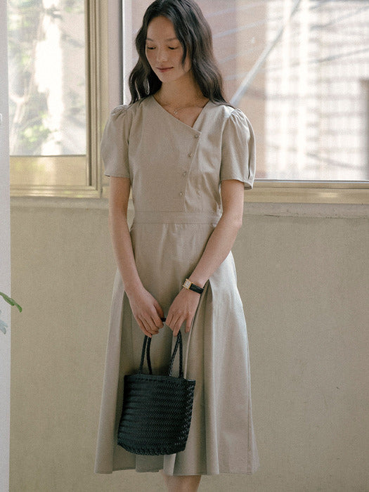 [TILLIDIE] Unbalance button dress TISU01OP03_Light khaki