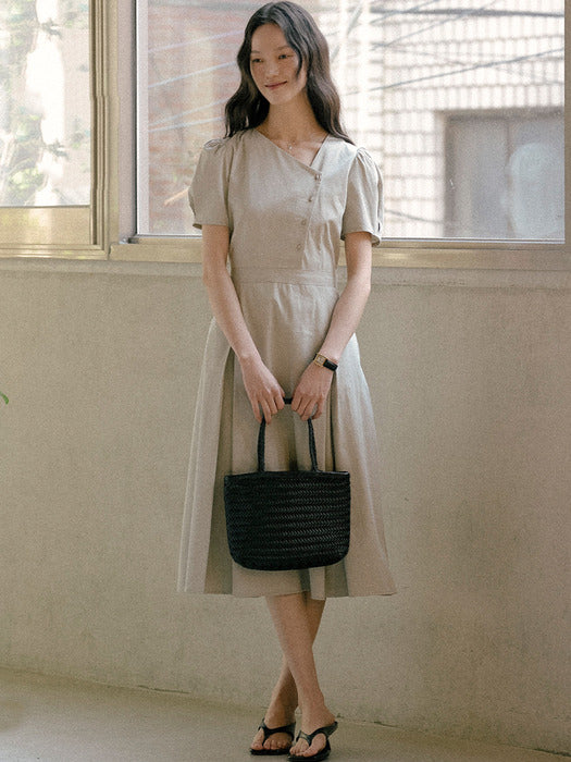 [TILLIDIE] Unbalance button dress TISU01OP03_Light khaki