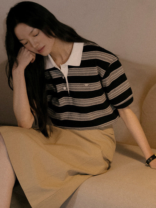 Tillidie Collar stripe cotton t-shirt Navy