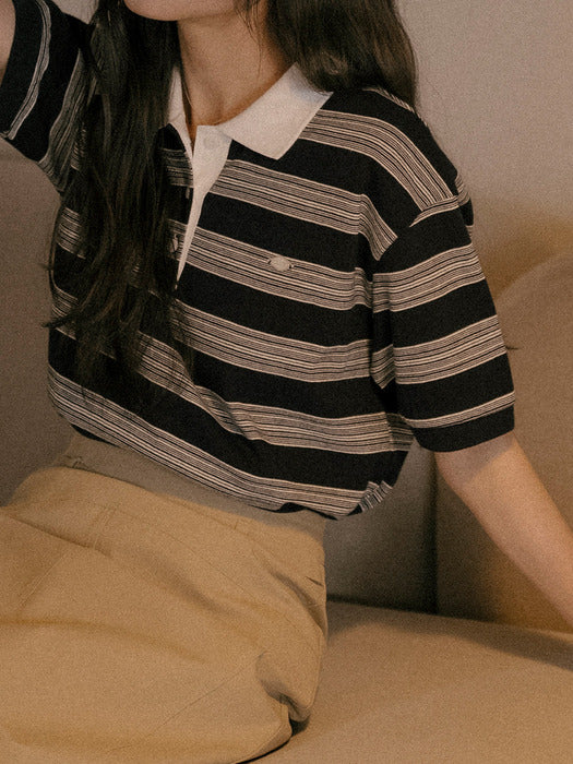 Tillidie Collar stripe cotton t-shirt Navy