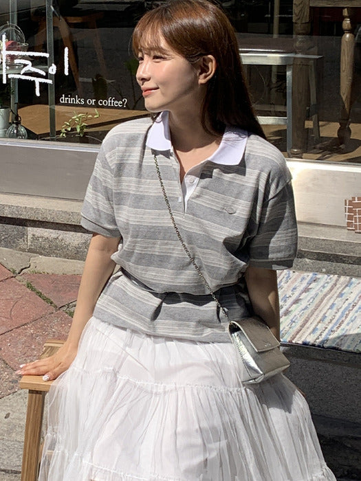 [TILLIDIE] Collar stripe cotton t-shirt TISU01TS02_Gray