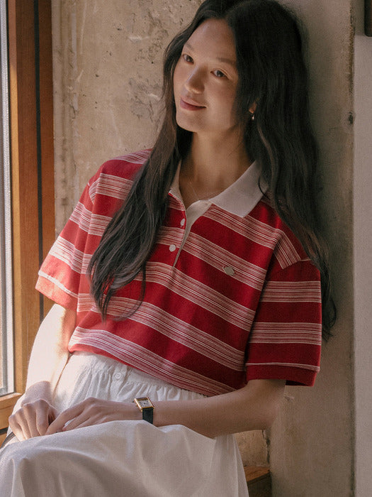 Tillidie Collar stripe cotton t-shirt Red