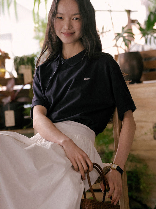 Tillidie Unbalanced collar button t-shirt Navy