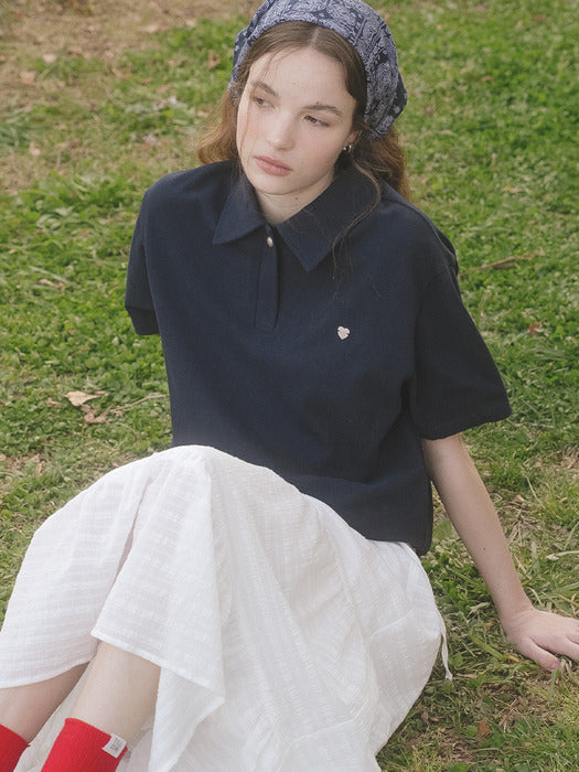 Tillidie Heart detail half sleeve pique t-shirt Navy