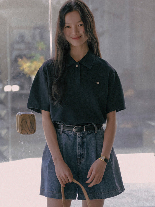 [TILLIDIE] Heart detail half sleeve pique t-shirt_Navy