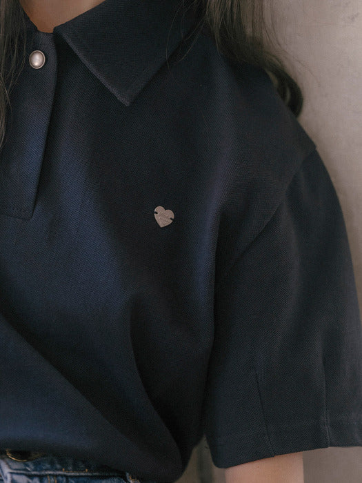 [TILLIDIE] Heart detail half sleeve pique t-shirt_Navy