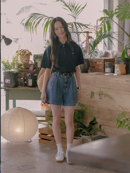 [TILLIDIE] Heart detail half sleeve pique t-shirt_Navy