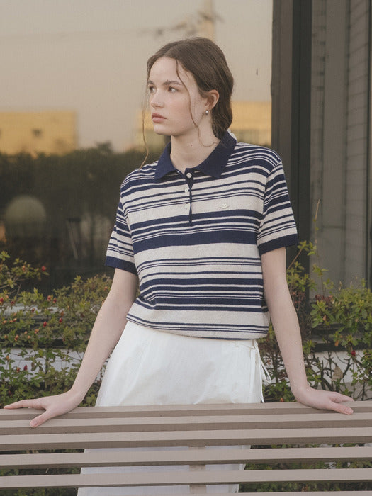 Tillidie Retro wave stripe polo t-shirt Navy