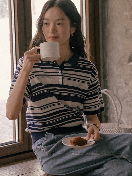 Tillidie Retro wave stripe polo t-shirt Navy