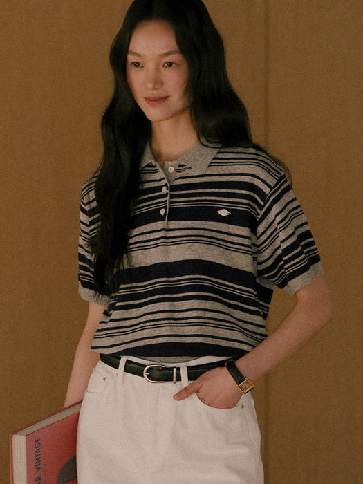 [TILLIDIE] Retro wave stripe polo t-shirt TISU01TS16_Gray