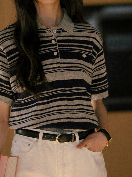 [TILLIDIE] Retro wave stripe polo t-shirt TISU01TS16_Gray