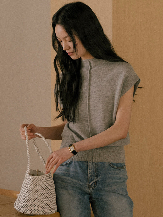 [TILLIDIE] Simple neckline slim cash knit_Gray