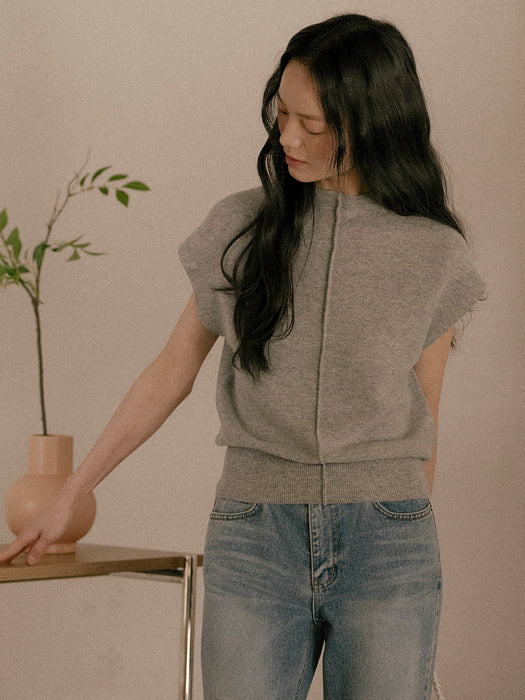 [TILLIDIE] Simple neckline slim cash knit_Gray