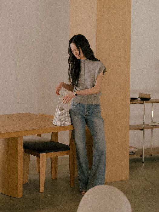 [TILLIDIE] Simple neckline slim cash knit_Gray