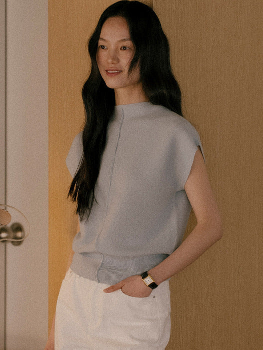 [TILLIDIE] Simple neckline slim cash knit_Sky blue