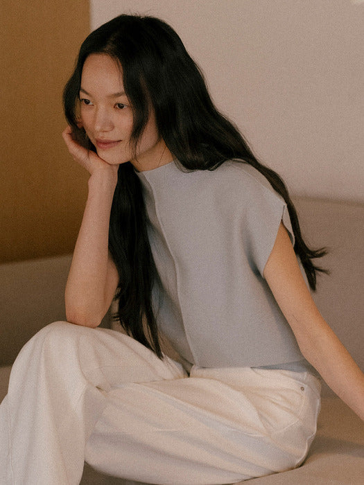 [TILLIDIE] Simple neckline slim cash knit_Sky blue