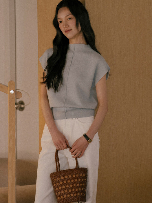 [TILLIDIE] Simple neckline slim cash knit_Sky blue