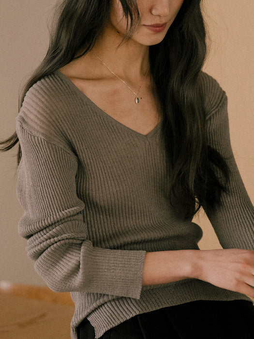 [TILLIDIE] V-neck knit TISU01SW06_Khaki gray